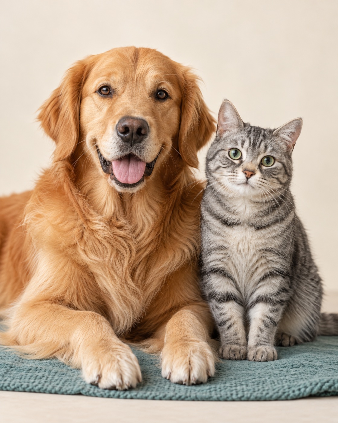 Un golden retriever et un chat tigré, côte à côte